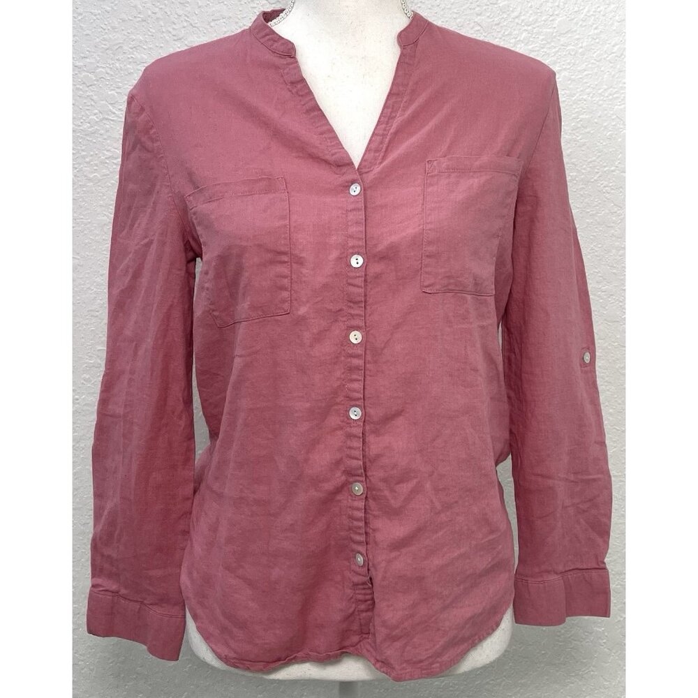 FUN DAY Womens XS Pink Linen Blend Button-up BLOUSE Top Roll-tab Sleeve EUC